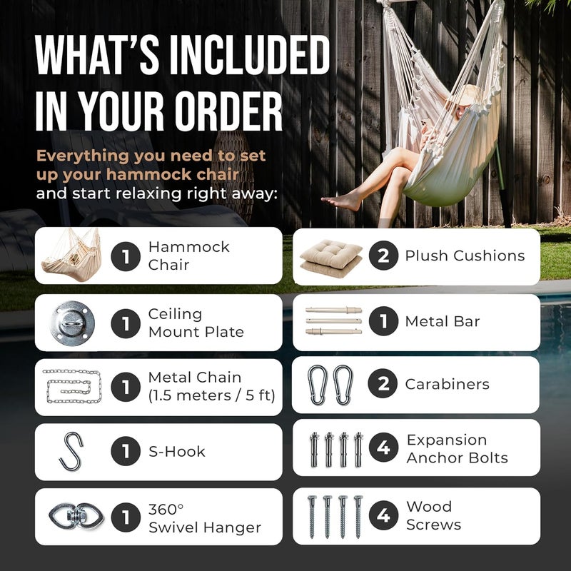 EXTIRIO Hanging Hammock Chair Swing – Hanging Chair Outdoor & Indoor - Hammock Swing Chair – Quick & Easy Setup with Hardware Kit – Durable & Spacious Full Body Support with 2 Plush Cushions – Holds 440 Lbs - Image 4